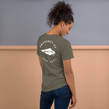 UNCIVIL Apparel Established 2015 shirt features our Uncivil Spear with the words "property of uncivil Est. 2015. army green women's shirt.