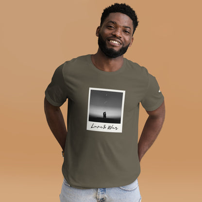 Love and War shirt. Featuring a Polaroid photo of a couple in black and white. Army Green Men's shirt.