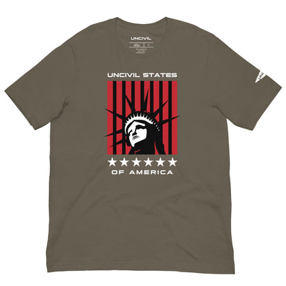 Disrupt the ordinary with our UNCIVIL States of America T-shirt. Army Green Unisex Shirt featuring the Statue of Liberty. A perfect patriotic tee for people who love America.