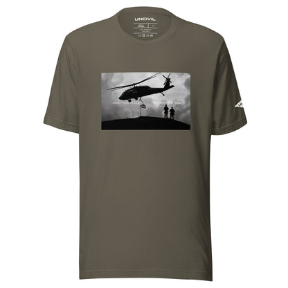 Our Prepare for War UNCIVIL shirt highlights the importance of both hoping for peaceful resolutions and being ready to defend oneself if necessary. Featuring a graphic of a Black Hawk Helicopter in black and white. Army Green shirt.