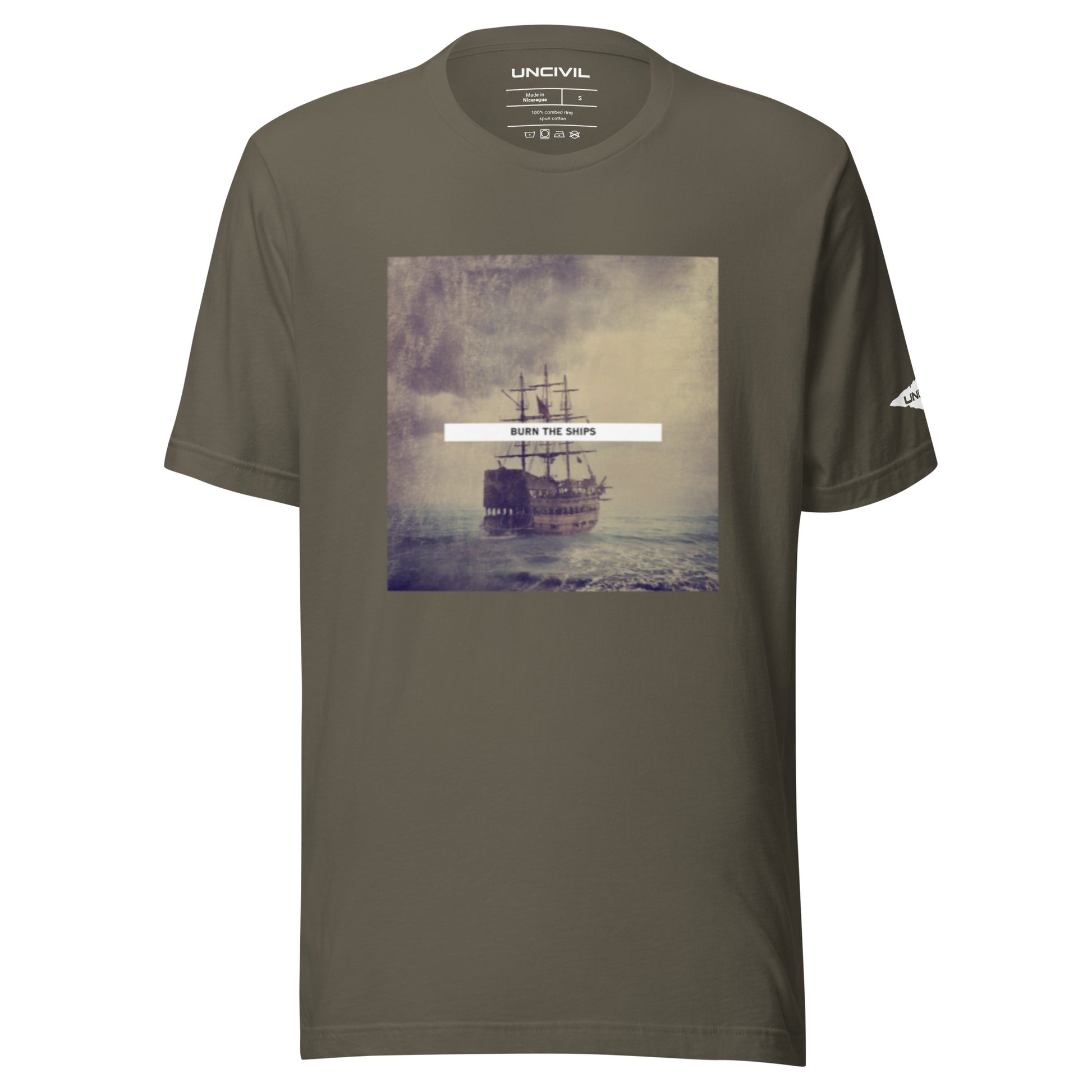 Burn the Ships shirt featuring a vintage image of a sailboat, army green for men and women. 