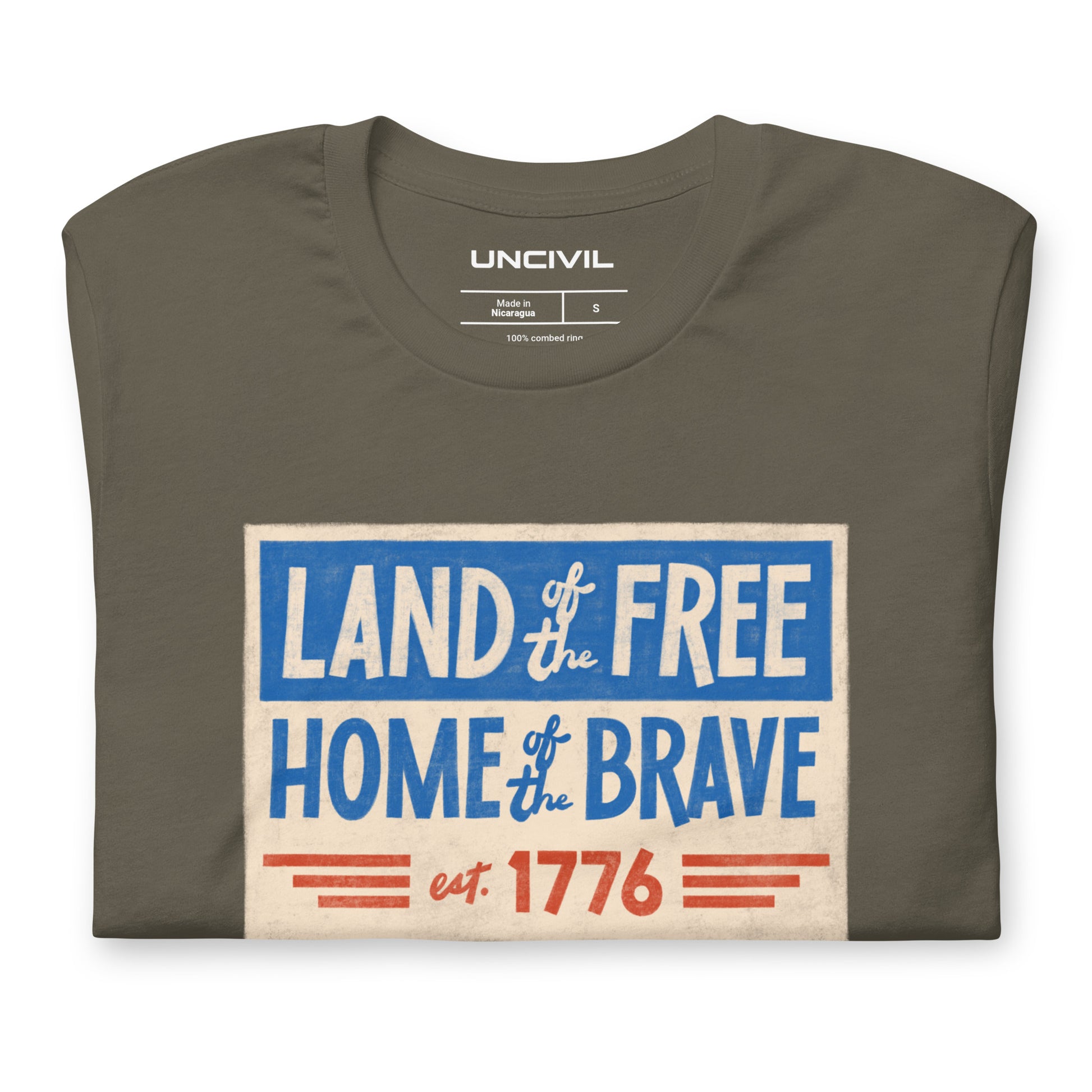 Land of the Free Home of the Brave t-shirt, army green unisex patriotic shirt.