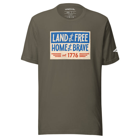 Land of the Free Home of the Brave t-shirt, army green unisex patriotic shirt. 