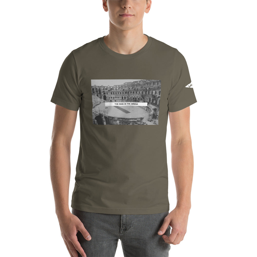 Man in the Arena t-shirt. Inspired by Theodore Roosevelt's Citizenship in a Republic speech, Army Green graphic shirt.