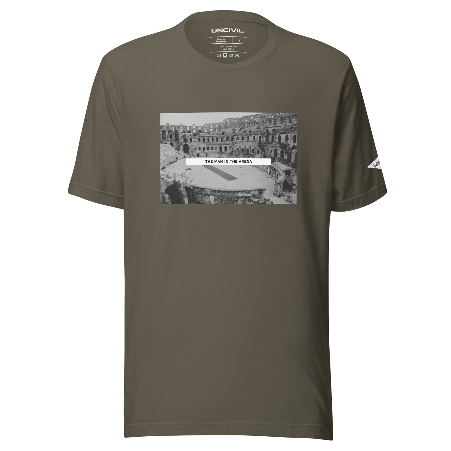 Man in the Arena t-shirt. Inspired by Theodore Roosevelt's Citizenship in a Republic speech, Army Green graphic shirt.