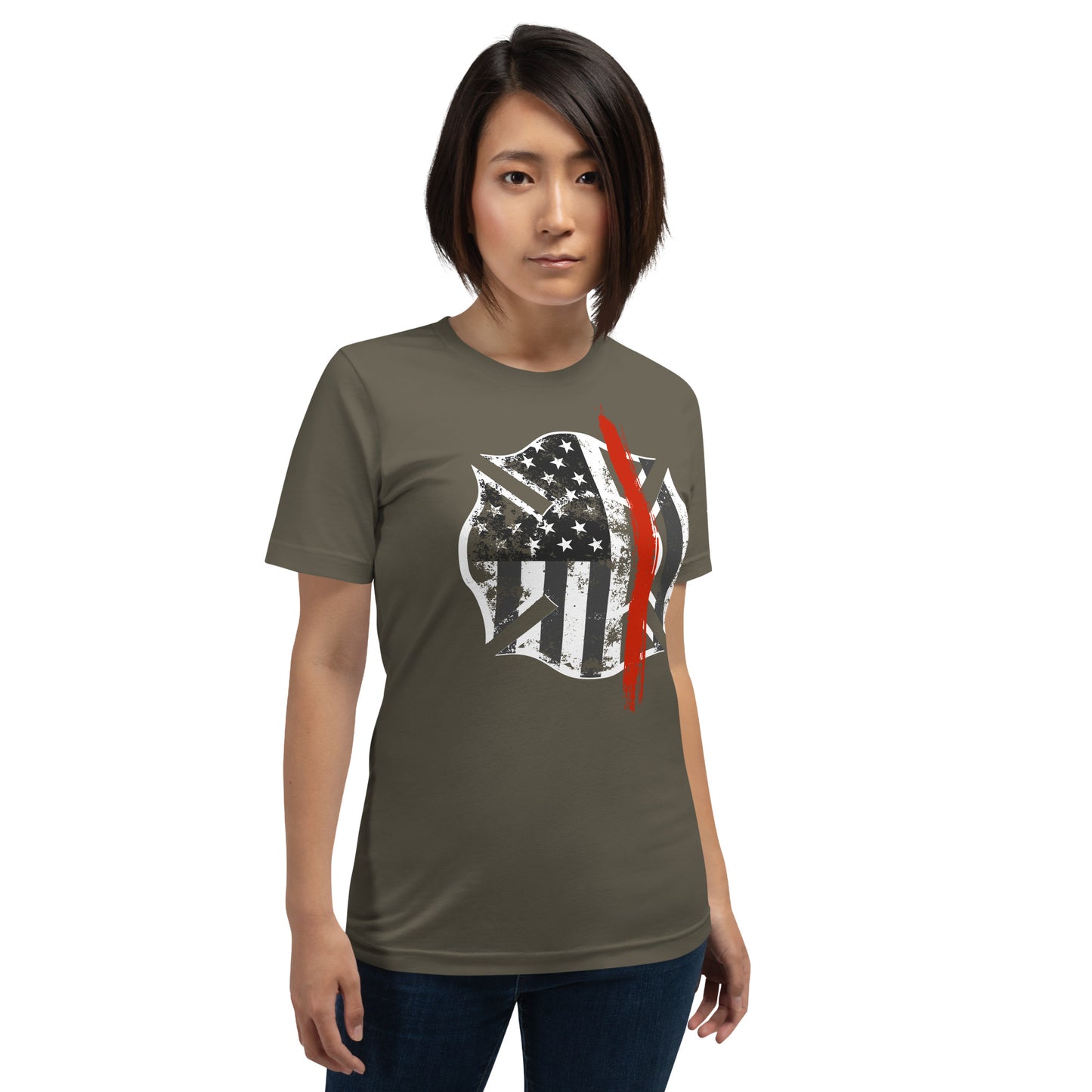 Back the Red t-shirt. Firefighter Thin Red Line shirt in army green..