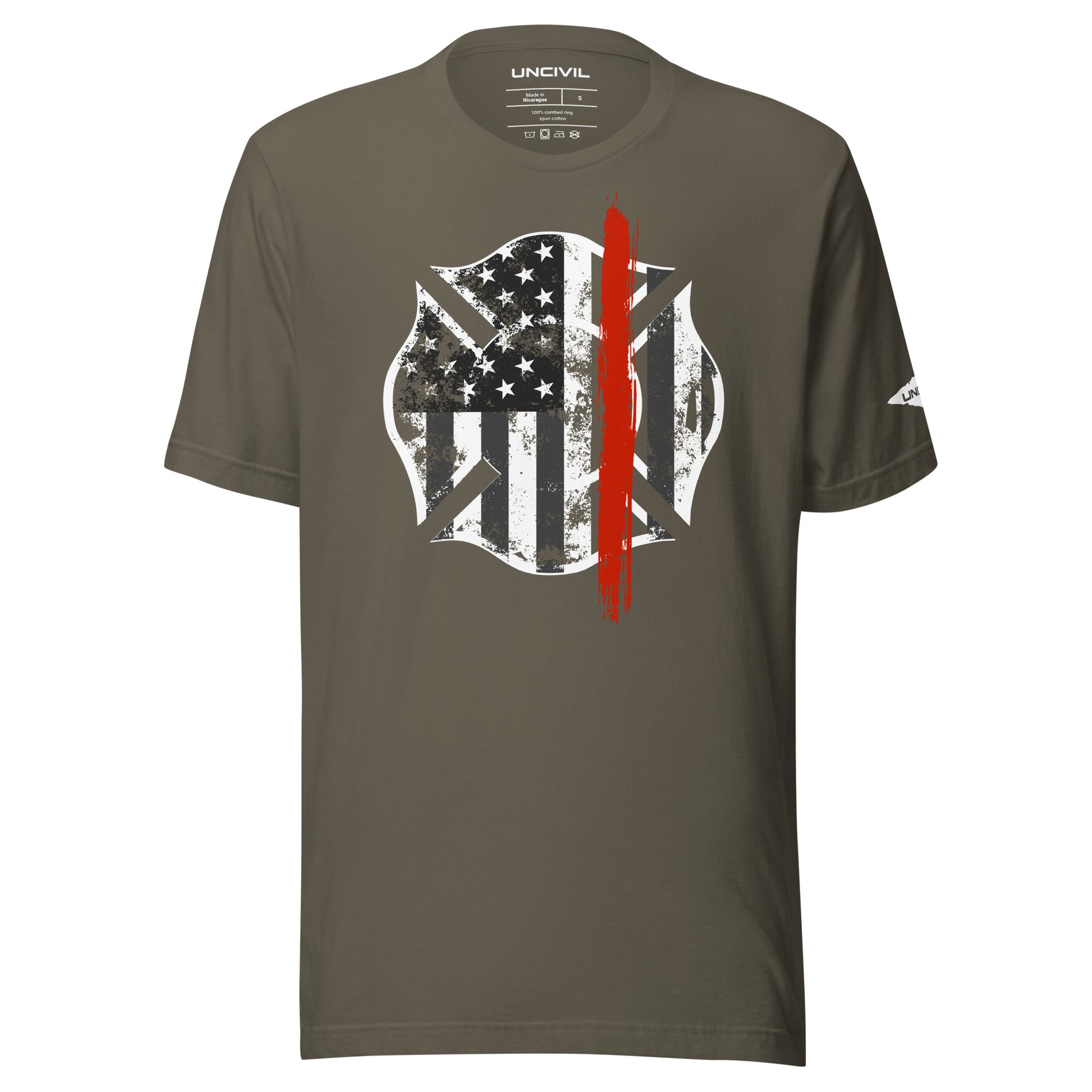 Back the Red t-shirt. Firefighter Thin Red Line shirt in army green.