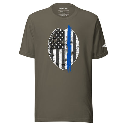 Back the Blue Unisex shirt. Law Enforcement Thin Blue Line t-shirt in army green.