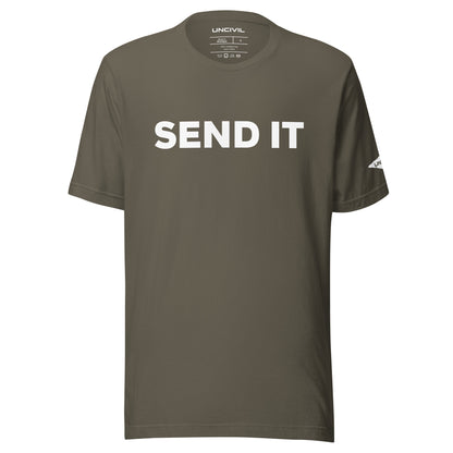 Send It is often used as an expression to indicate taking action or proceeding with a plan. Army Green men's shirt.