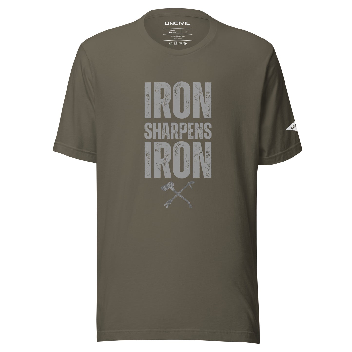 Iron Sharpens Iron Proverbs 27:17 Unisex T-shirt with a set of irons - army green