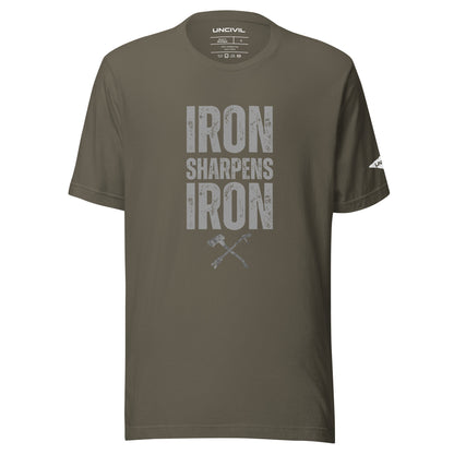 Iron Sharpens Iron Proverbs 27:17 Unisex T-shirt with a set of irons - army green