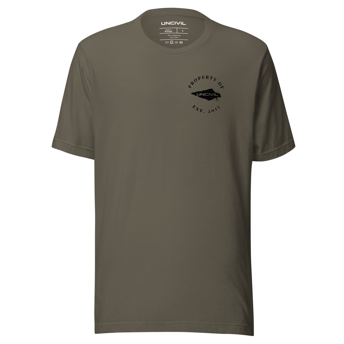 UNCIVIL Apparel Established 2015 shirt features our Uncivil Spear with the words "property of uncivil Est. 2015 on the front left chest. Army Green shirt. 