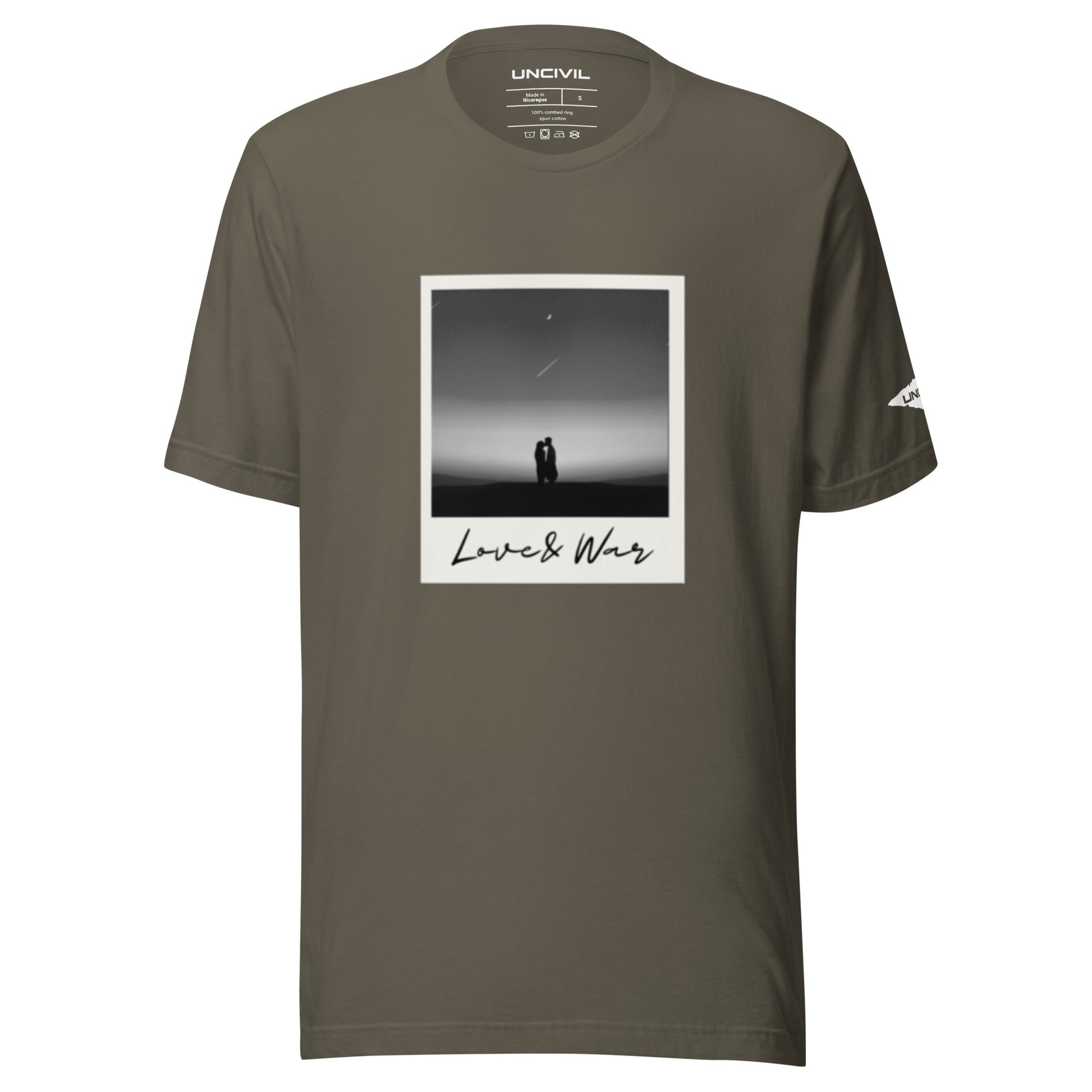 Love and War shirt. Featuring a Polaroid photo of a couple in black and white. Army Green unisex shirt.