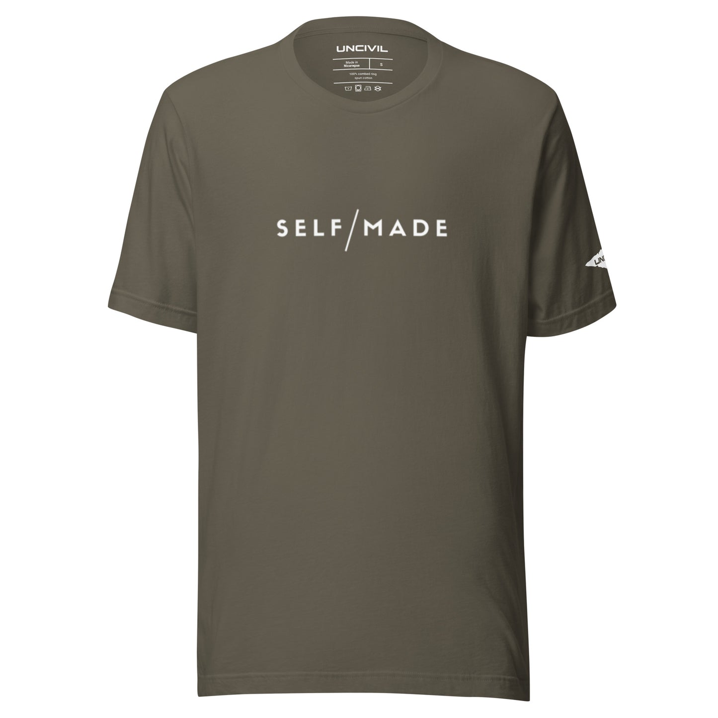 Our Self/Made UNCIVIL lifestyle shirt embodies empowerment and resilience. Army green unisex shirt.