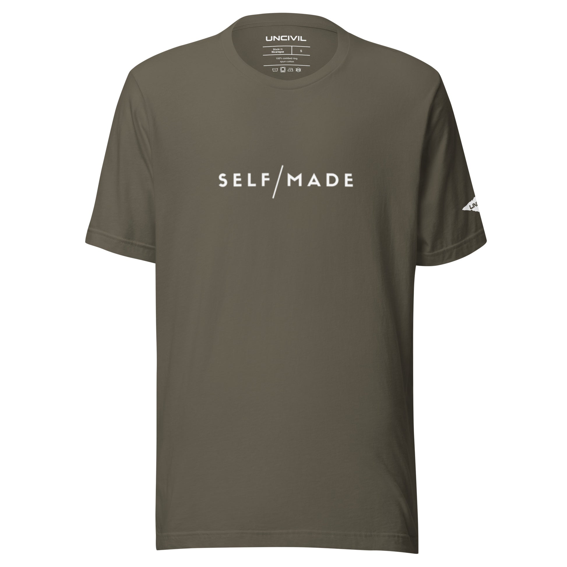 Our Self/Made UNCIVIL lifestyle shirt embodies empowerment and resilience. Army green unisex shirt.