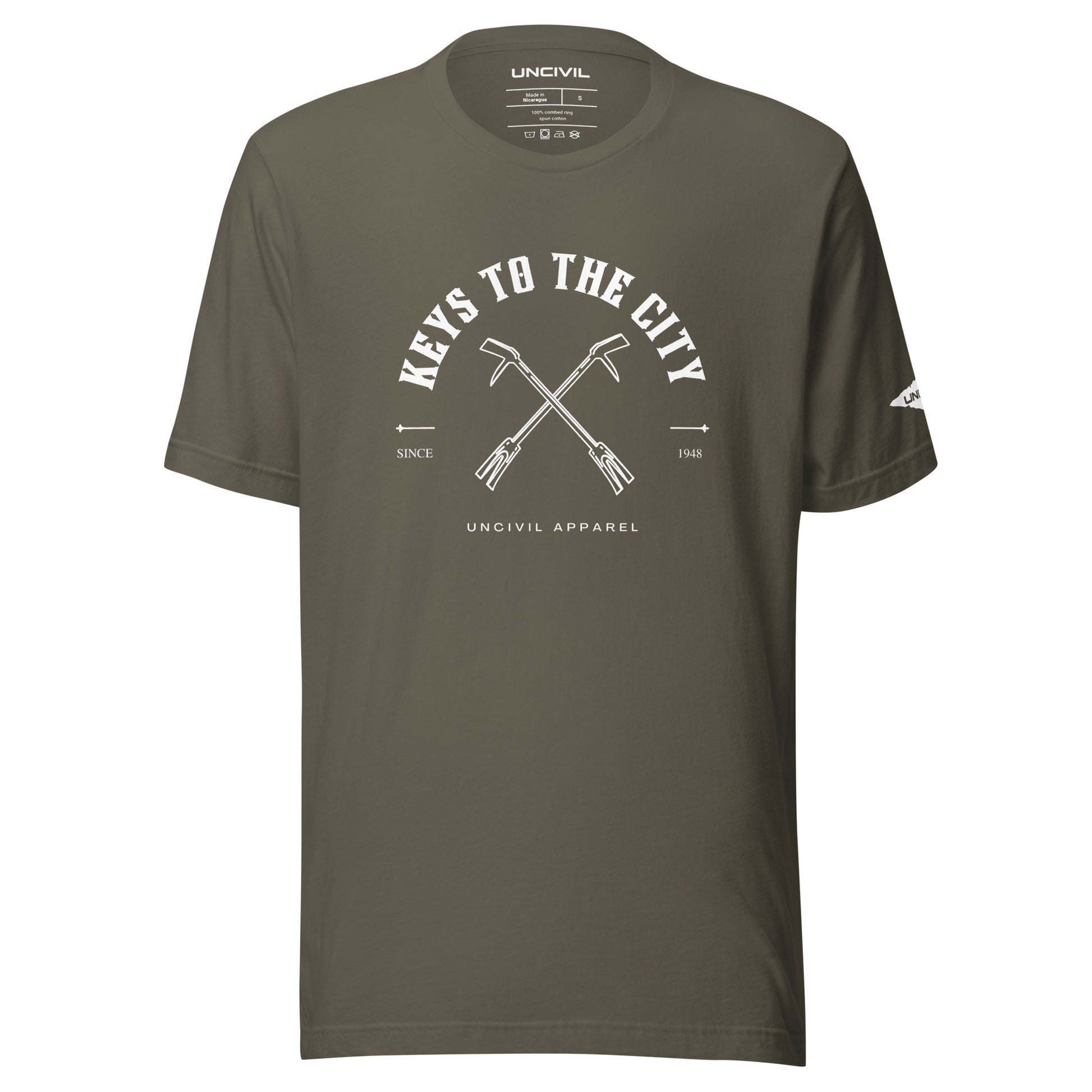 Keys to the City, Halligan Bar Design, Army Green Unisex T-shirt for Firefighters