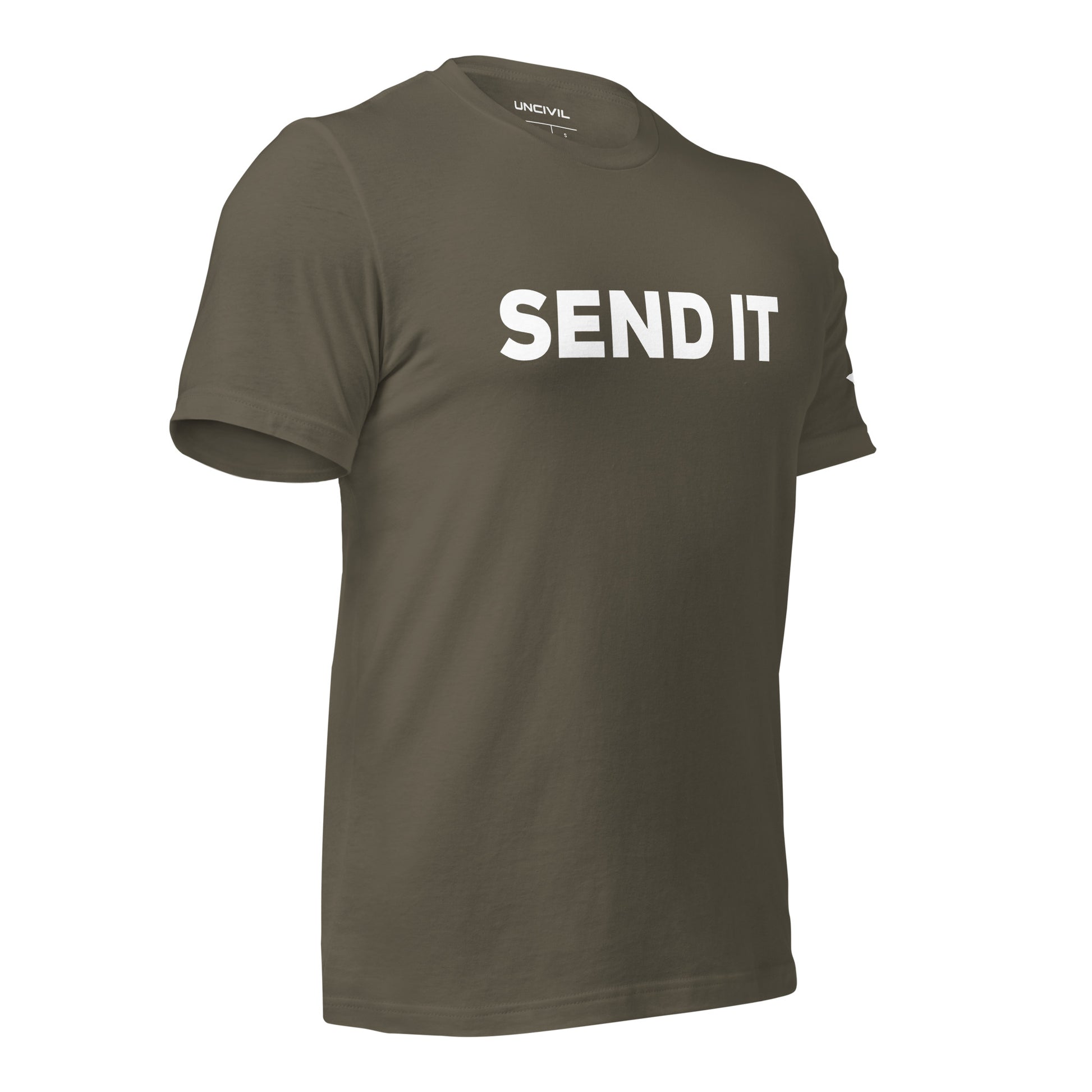 Send It is often used as an expression to indicate taking action or proceeding with a plan. Army Green men's shirt.