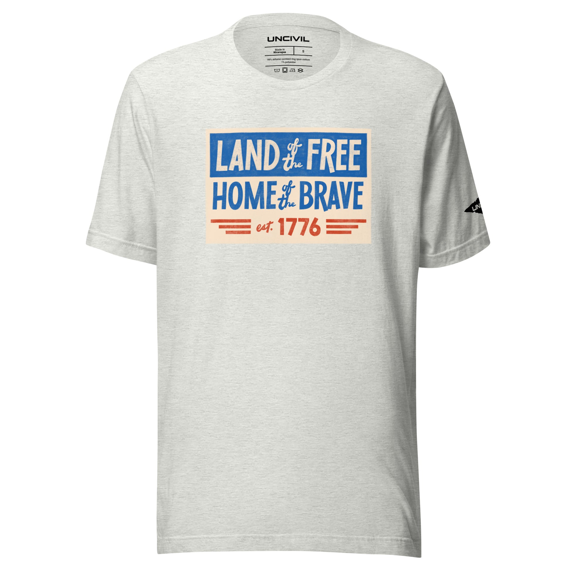 Land of the Free Home of the Brave t-shirt, light grey unisex patriotic shirt.