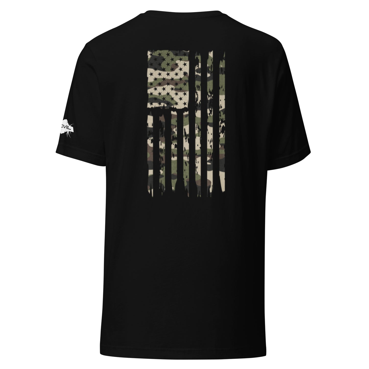 Unisex Black Camo distressed American Flag t-shirt back view