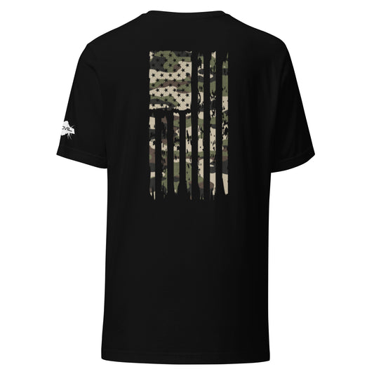 Unisex Black Camo distressed American Flag t-shirt back view