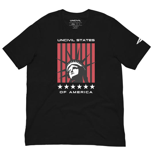 Disrupt the ordinary with our UNCIVIL States of America T-shirt. Black Unisex Shirt featuring the Statue of Liberty.
