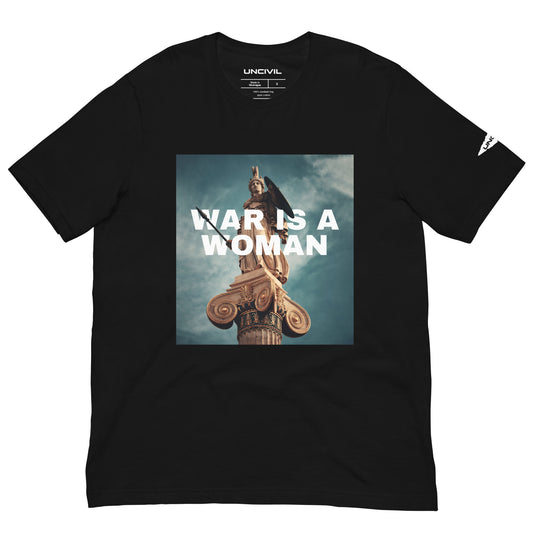 Our "War is a Woman" UNCIVIL T-shirt features the one and only statue of Athena, goddess of wisdom, craft, and warfare. Perfect to showcase your love for the Greek Goddess. Available in Black.