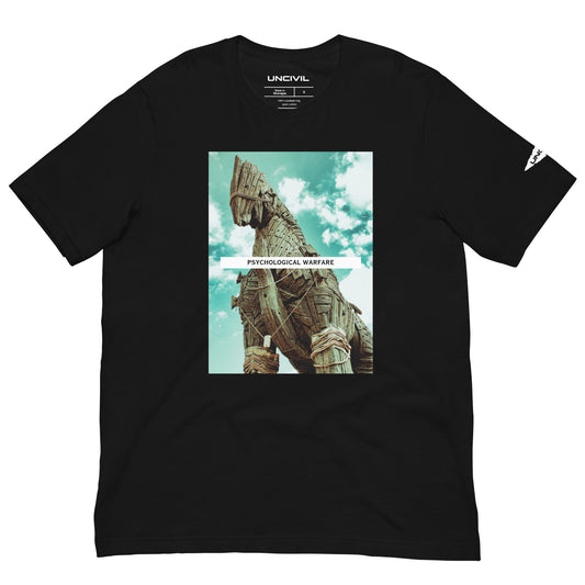 Our Psy Ops shirt features the Trojan Horse, a legendary story from Greek mythology. Black graphic tee.