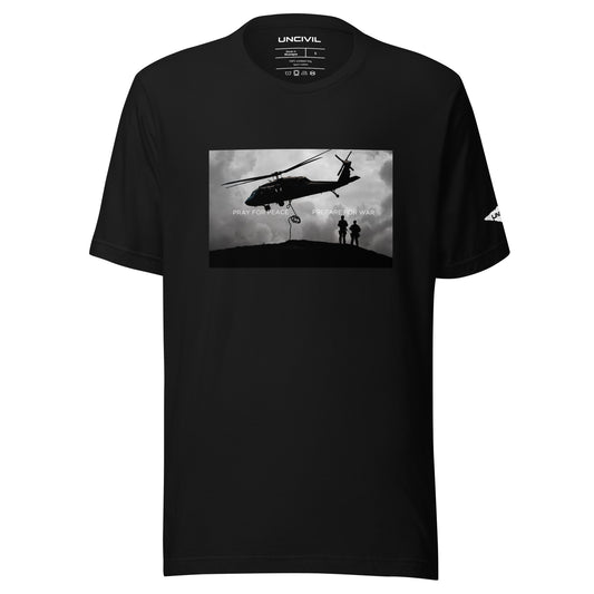 Our Prepare for War UNCIVIL shirt highlights the importance of both hoping for peaceful resolutions and being ready to defend oneself if necessary. Featuring a graphic of a Black Hawk Helicopter in black and white. 