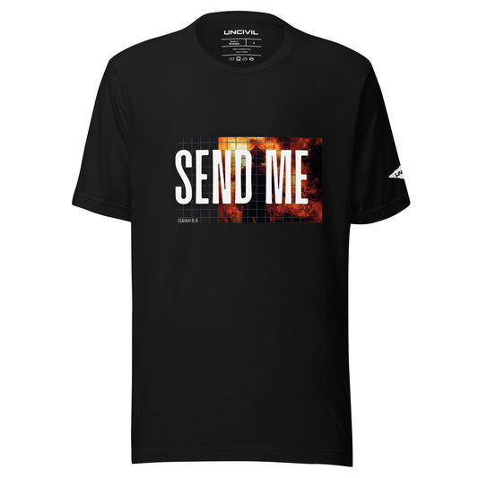 Send Me Isaiah 6:8 shirt, black graphic tee featuring a firefighter. Men's shirt.