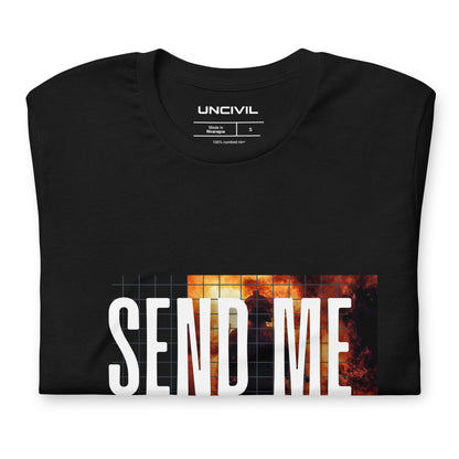 Send Me Isaiah 6:8 shirt, black graphic tee featuring a firefighter. Unisex shirt.