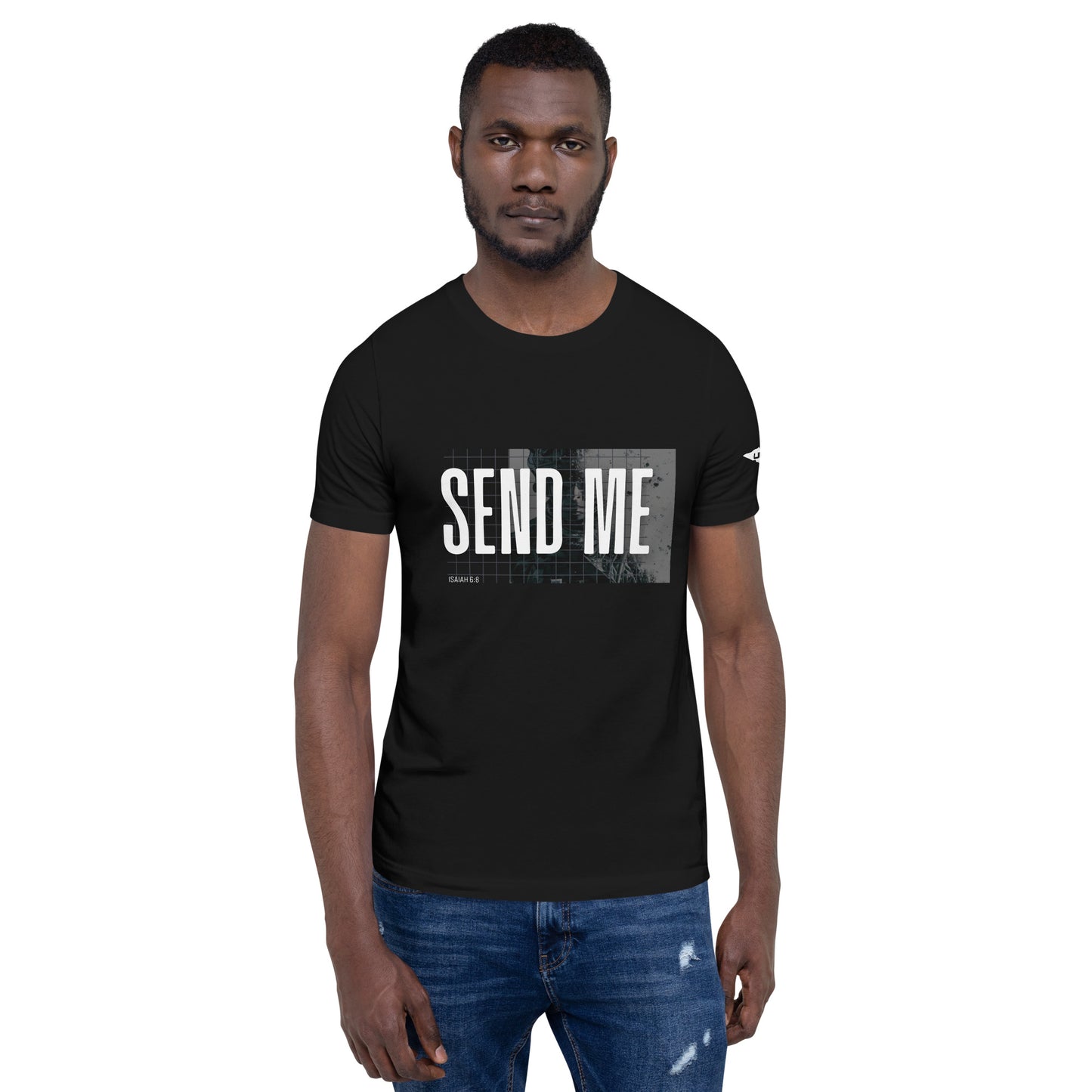 Send Me Isaiah 6:8 shirt, black graphic tee featuring a soldier. Men 's shirt.