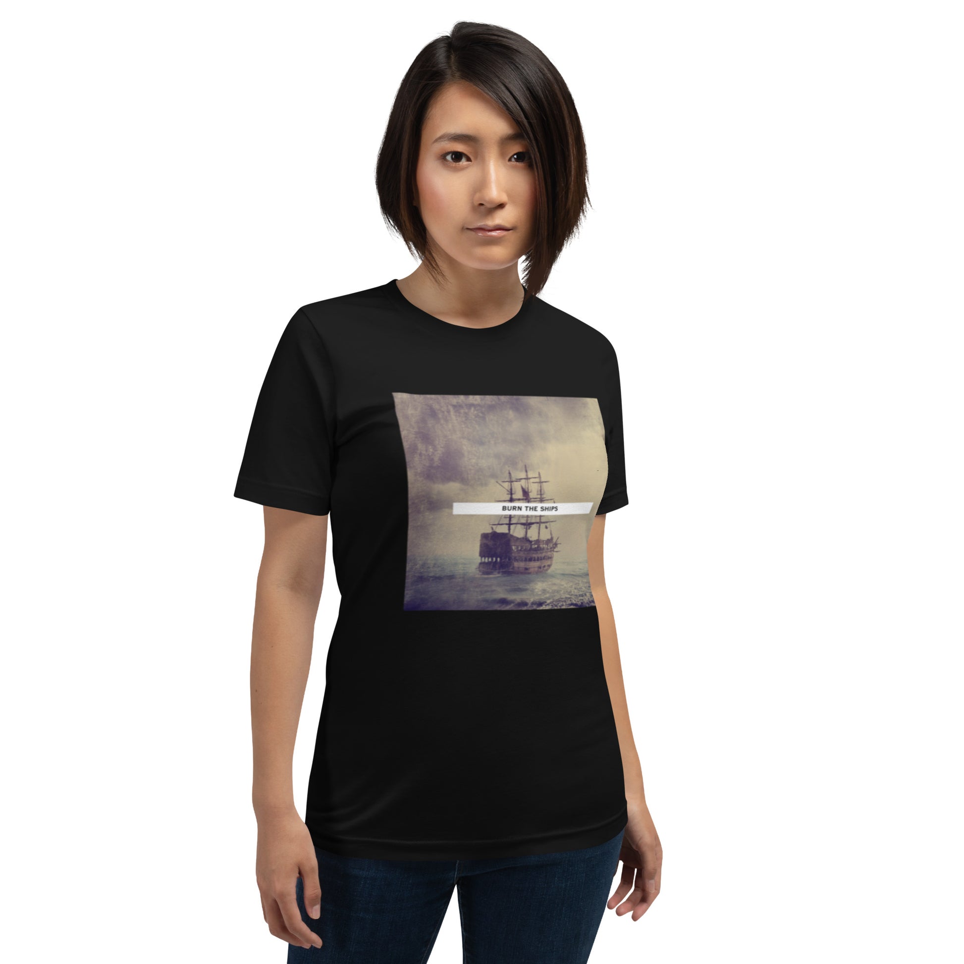Burn the Ships shirt featuring a vintage image of a sailboat, black for men and women. 