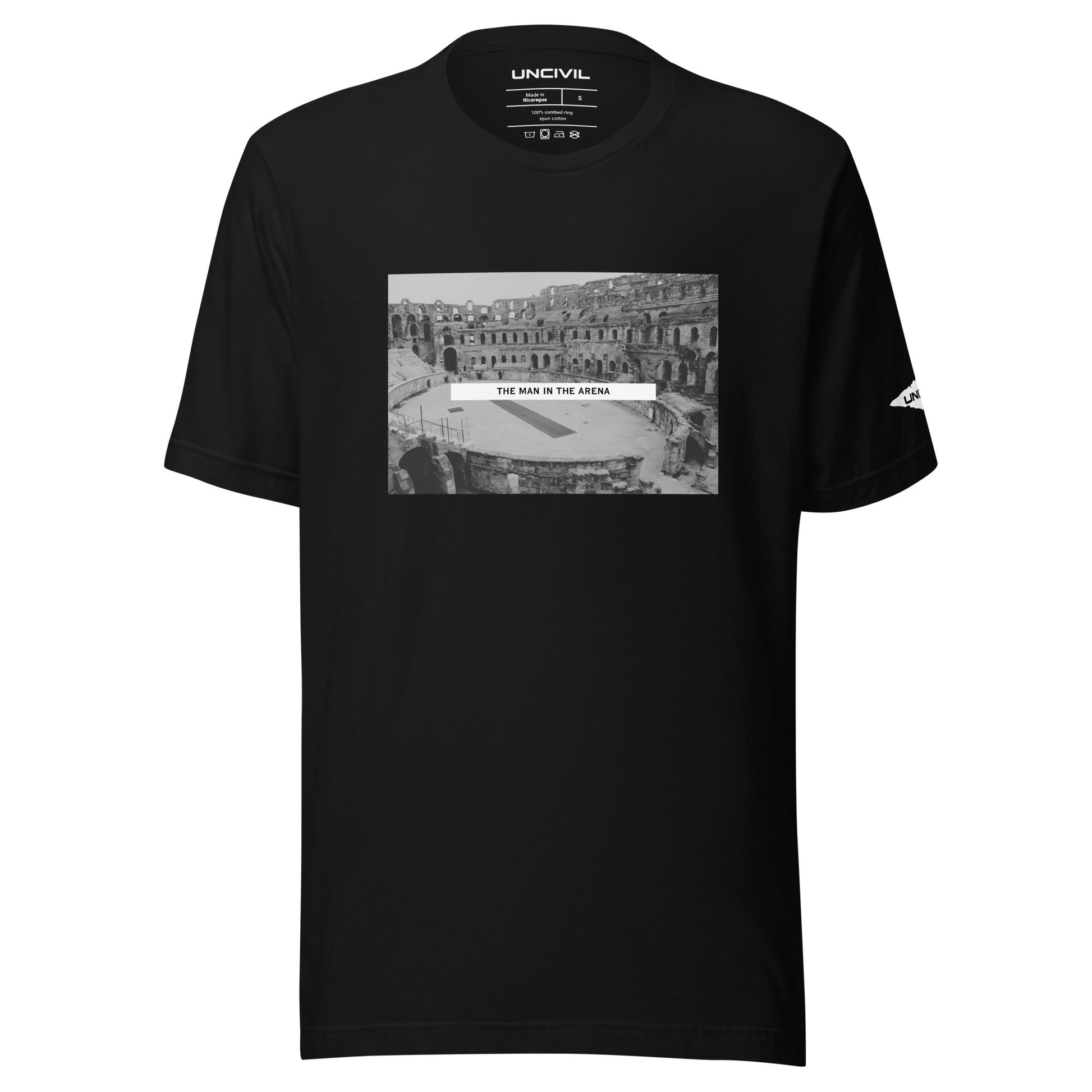 Man in the Arena t-shirt. Inspired by Theodore Roosevelt's Citizenship in a Republic speech, black graphic shirt.