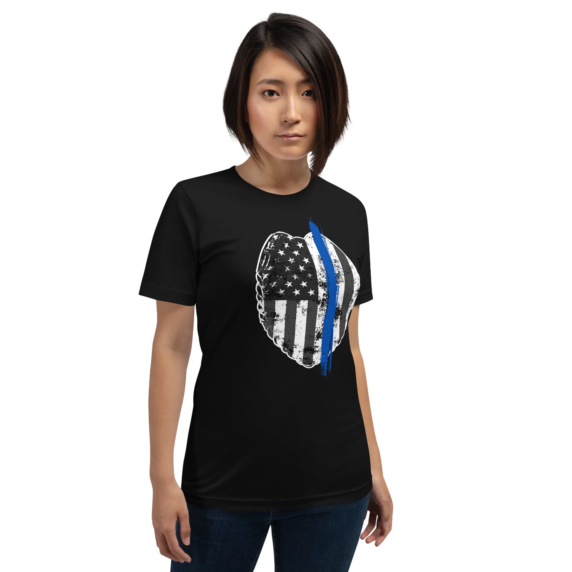 Back the Blue women's shirt. Law Enforcement Thin Blue Line t-shirt in black.