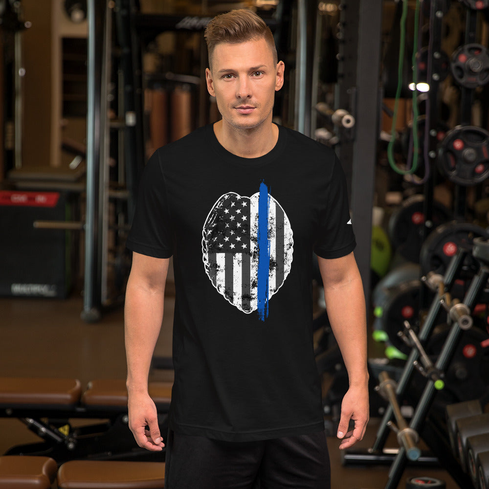 Back the Blue men's shirt. Law Enforcement Thin Blue Line t-shirt in black.