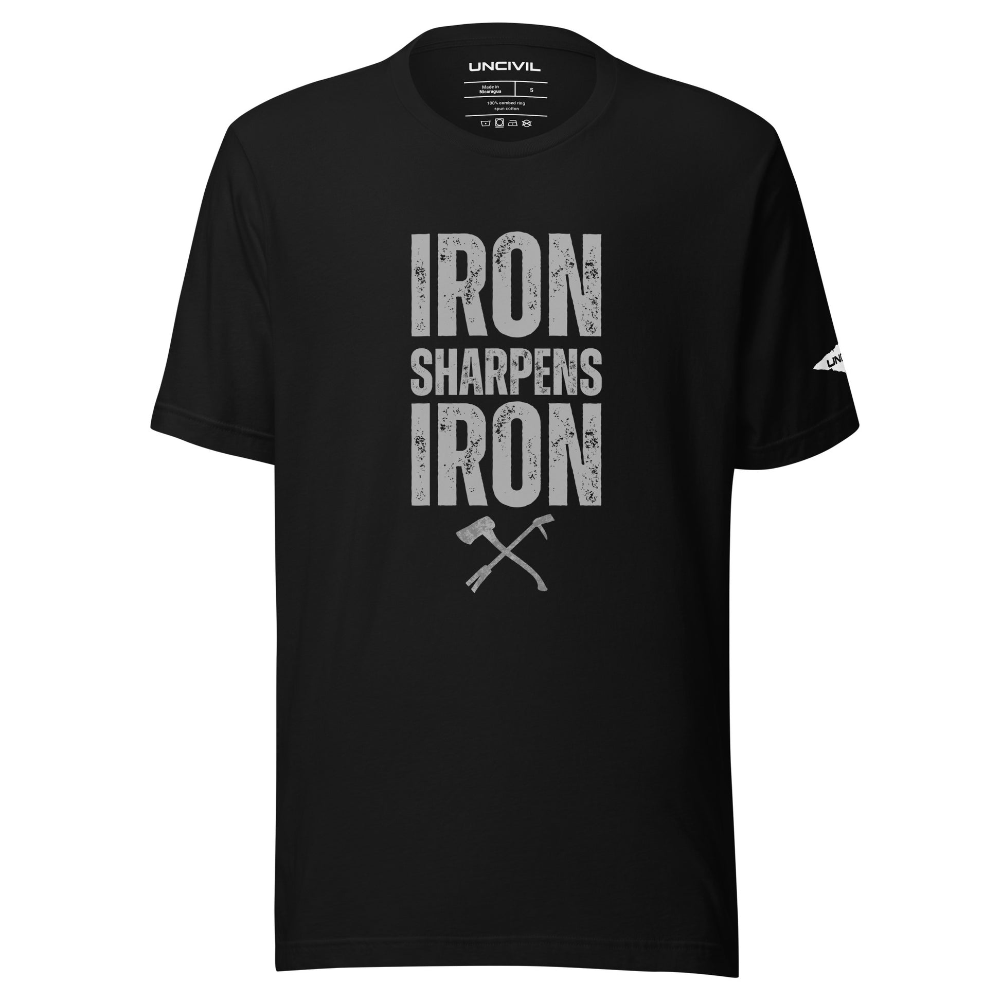 Iron Sharpens Iron Proverbs 27:17 Unisex T-shirt with a set of irons - Black shirt