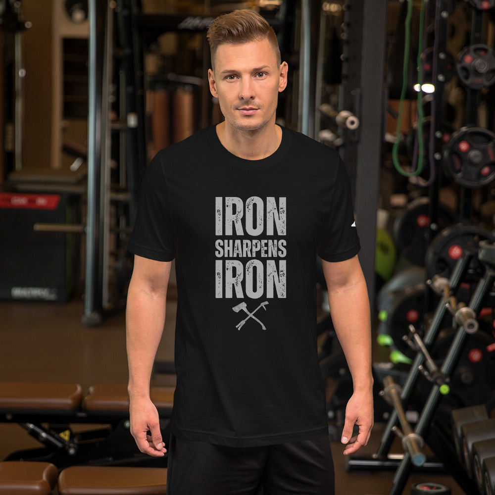 Iron Sharpens Iron Proverbs 27:17 Unisex T-shirt with a set of irons - black shirt