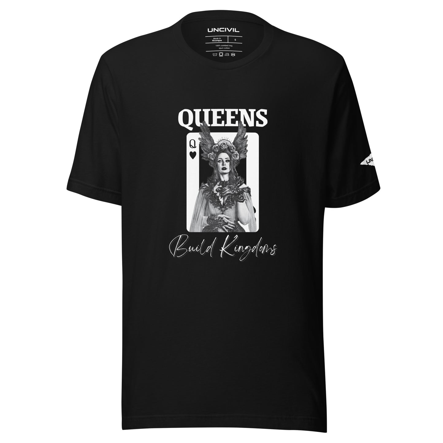 Queens Build Kingdoms Black shirt featuring an angel woman and a queen of heart card.