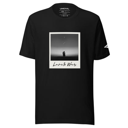 Love and War shirt. Featuring a Polaroid photo of a couple in black and white. Black unisex shirt. 