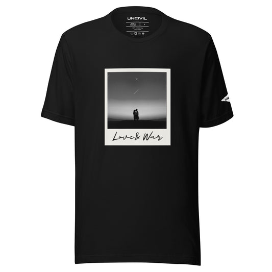 Love and War shirt. Featuring a Polaroid photo of a couple in black and white. Black unisex shirt. 