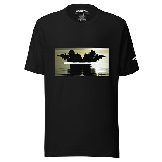 Iron Sharpens Iron Graphic tee, Proverbs 27:17 Unisex military graphic shirt - black T-shirt