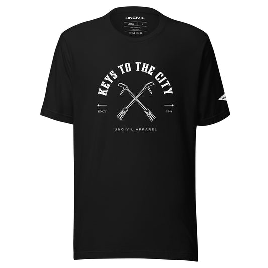 Keys to the City, Halligan Bar Design, Black Unisex T-shirt for Firefighters
