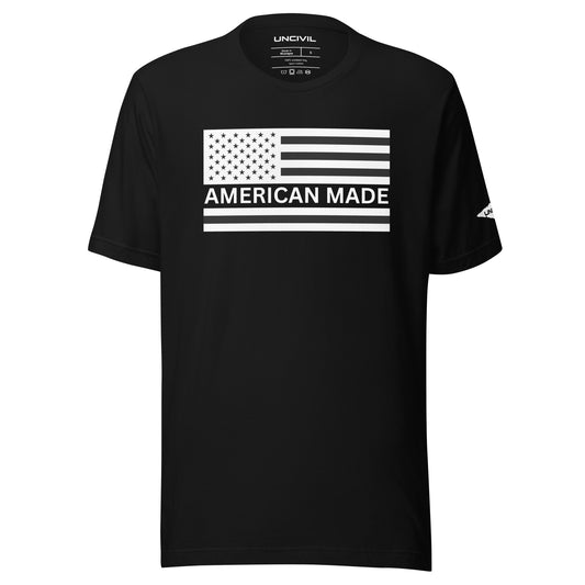 American Made Patriotic t-shirt. Black Unisex shirt with American Flag.