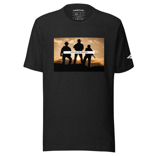 Eyes on the Horizon military graphic shirt, black unisex army t-shirt.