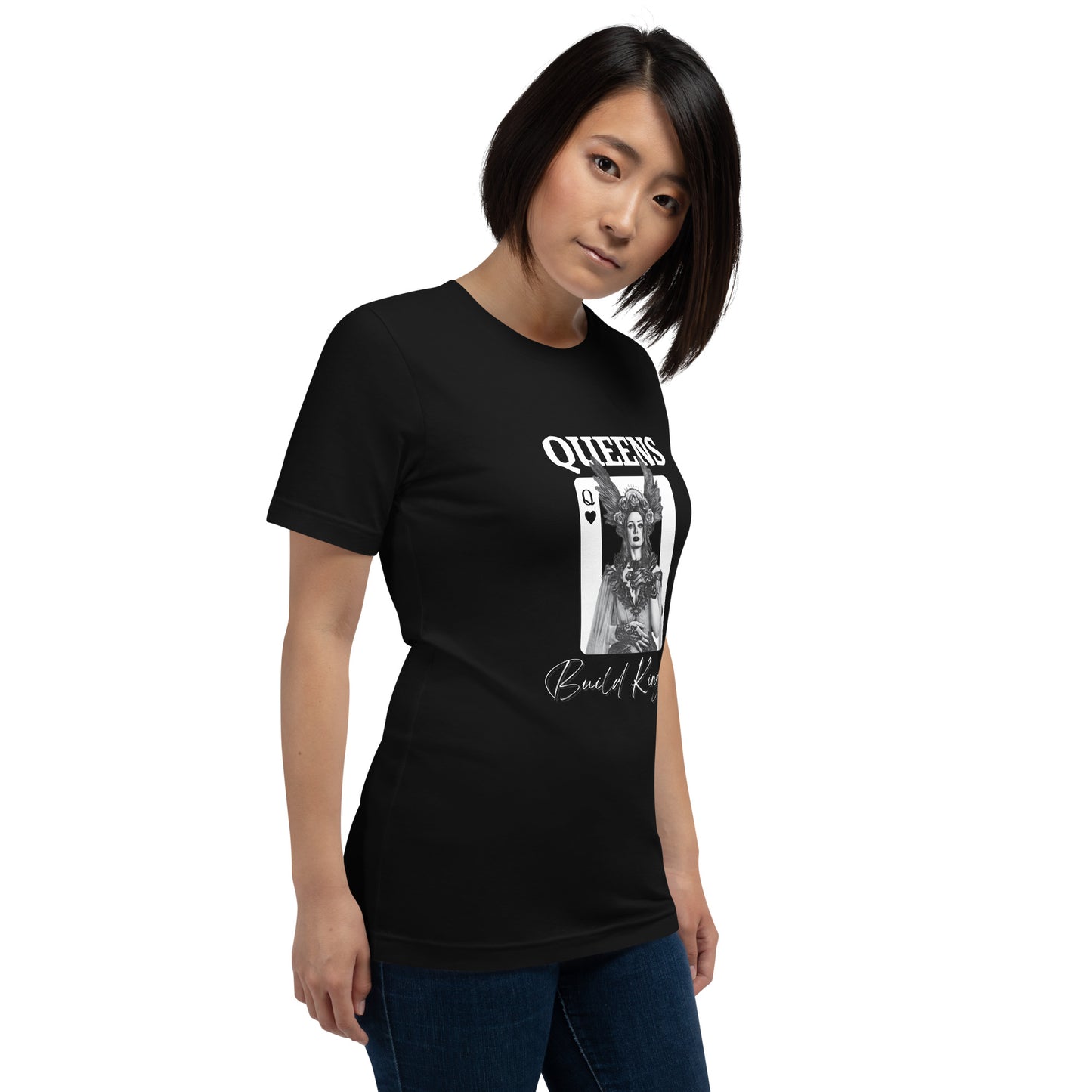 Queens Build Kingdoms Black shirt featuring an angel woman and a queen of heart card.