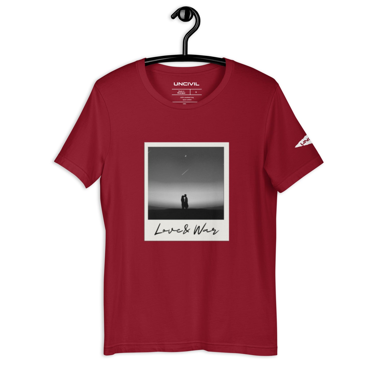 Love and War shirt. Featuring a Polaroid photo of a couple in black and white. Deep Red unisex shirt.