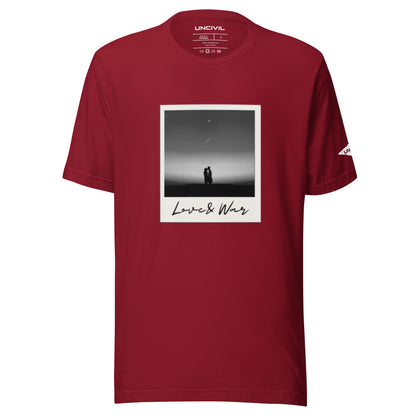 Love and War shirt. Featuring a Polaroid photo of a couple in black and white. Deep Red unisex shirt.