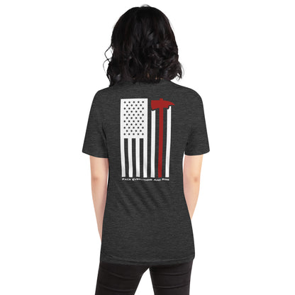 Face Everything & Rise UNCIVIL Firefighter Women's t-shirt with American Flag and Fireman's Axe - Heather Grey