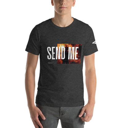 Send Me Isaiah 6:8 shirt, dark grey heather graphic tee featuring a firefighter. Men 's shirt.