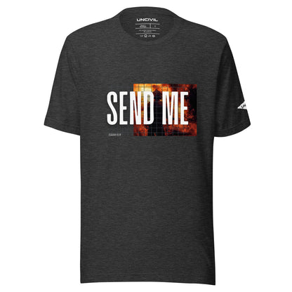 Send Me Isaiah 6:8 shirt, Dark Grey Heather graphic tee featuring a firefighter. Men 's shirt.
